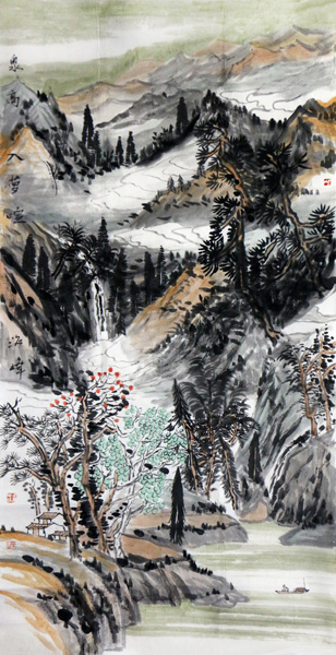 张海峰参展作品"这幅山水画作墨色苍润,线条简练,画家对色彩的铺染毫